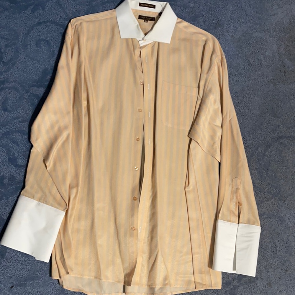 Henri Picard long sleeve men shirt. Gold w/white collar and cuff. 19 1/2 N 36/37